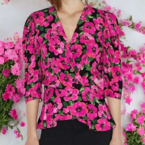 Zara Hot Pink and Black Floral Puff Shoulder Wrap Blouse. Size L. NWT! - Picture 3 of 12
